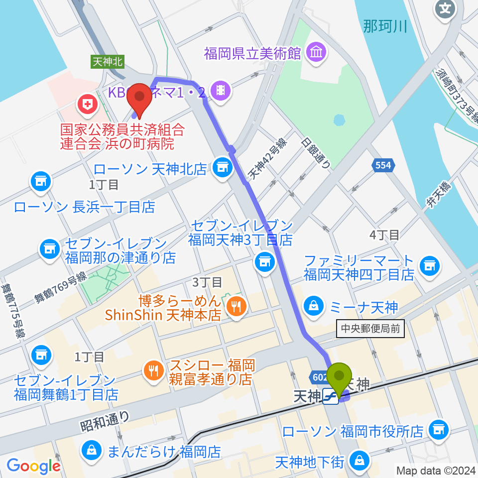 ライブハウスCBの最寄駅天神駅からの徒歩ルート（約11分）地図