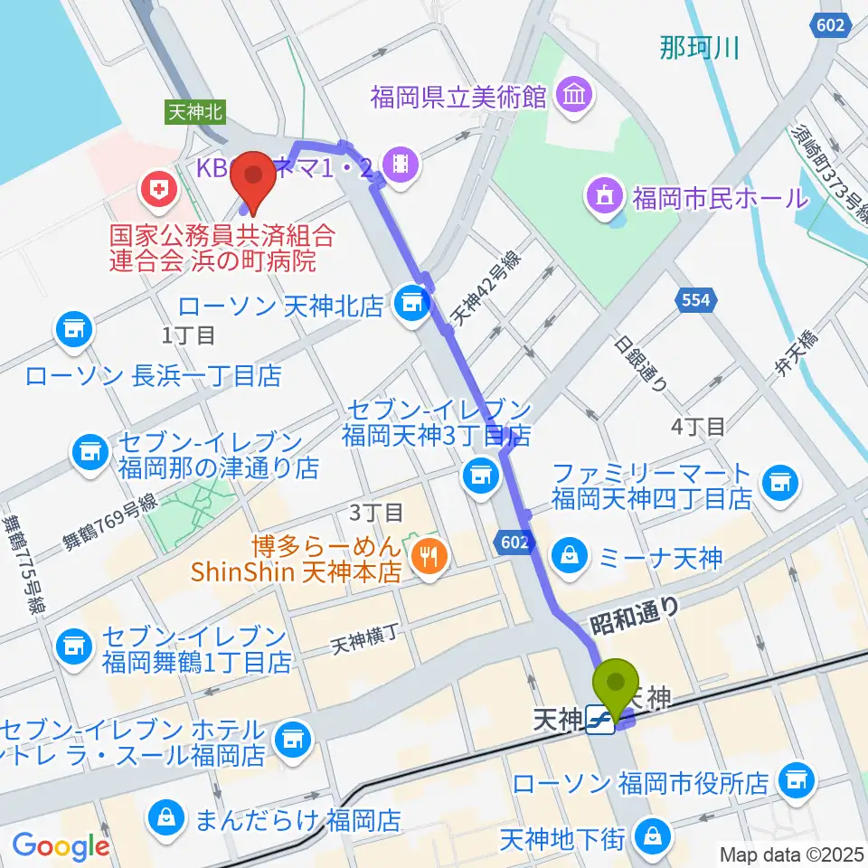 ライブハウスCBの最寄駅天神駅からの徒歩ルート（約11分）地図