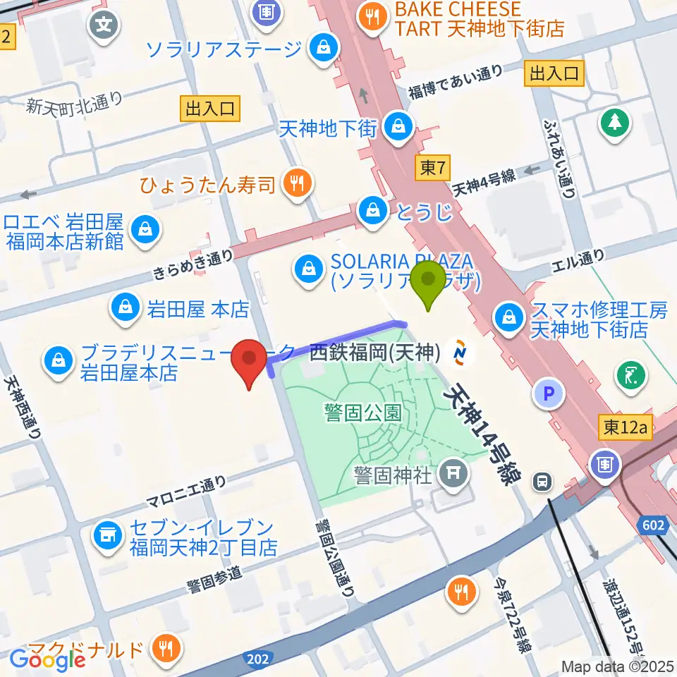 レソラNTT夢天神ホールの最寄駅西鉄福岡（天神）駅からの徒歩ルート（約2分）地図