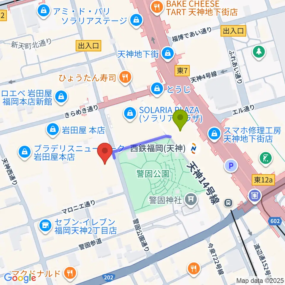 レソラNTT夢天神ホールの最寄駅西鉄福岡（天神）駅からの徒歩ルート（約2分）地図