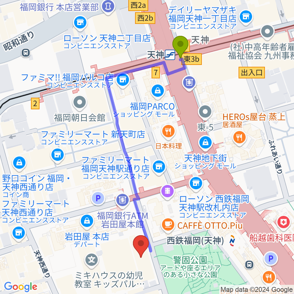 天神駅からレソラNTT夢天神ホールへのルートマップ地図