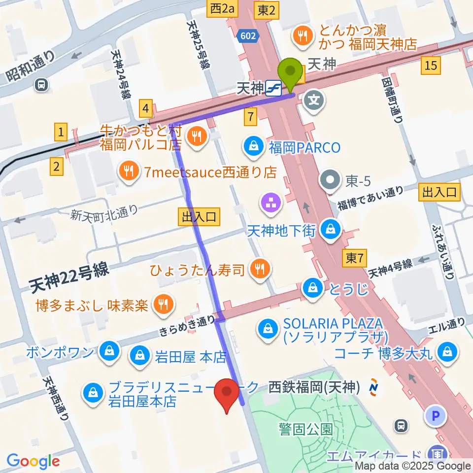 天神駅からレソラNTT夢天神ホールへのルートマップ地図