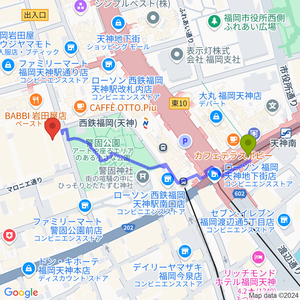 天神南駅からレソラNTT夢天神ホールへのルートマップ地図