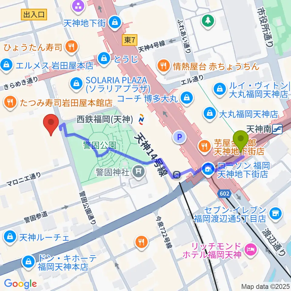 天神南駅からレソラNTT夢天神ホールへのルートマップ地図