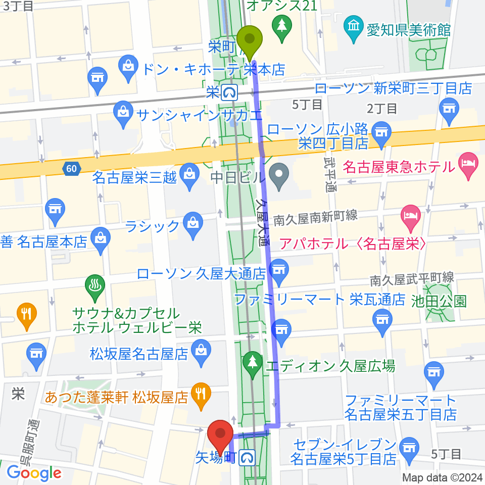 栄町駅から名古屋クラブクアトロへのルートマップ地図