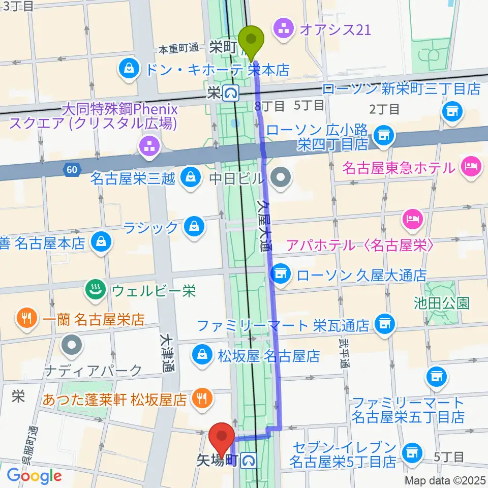 栄町駅から名古屋クラブクアトロへのルートマップ地図