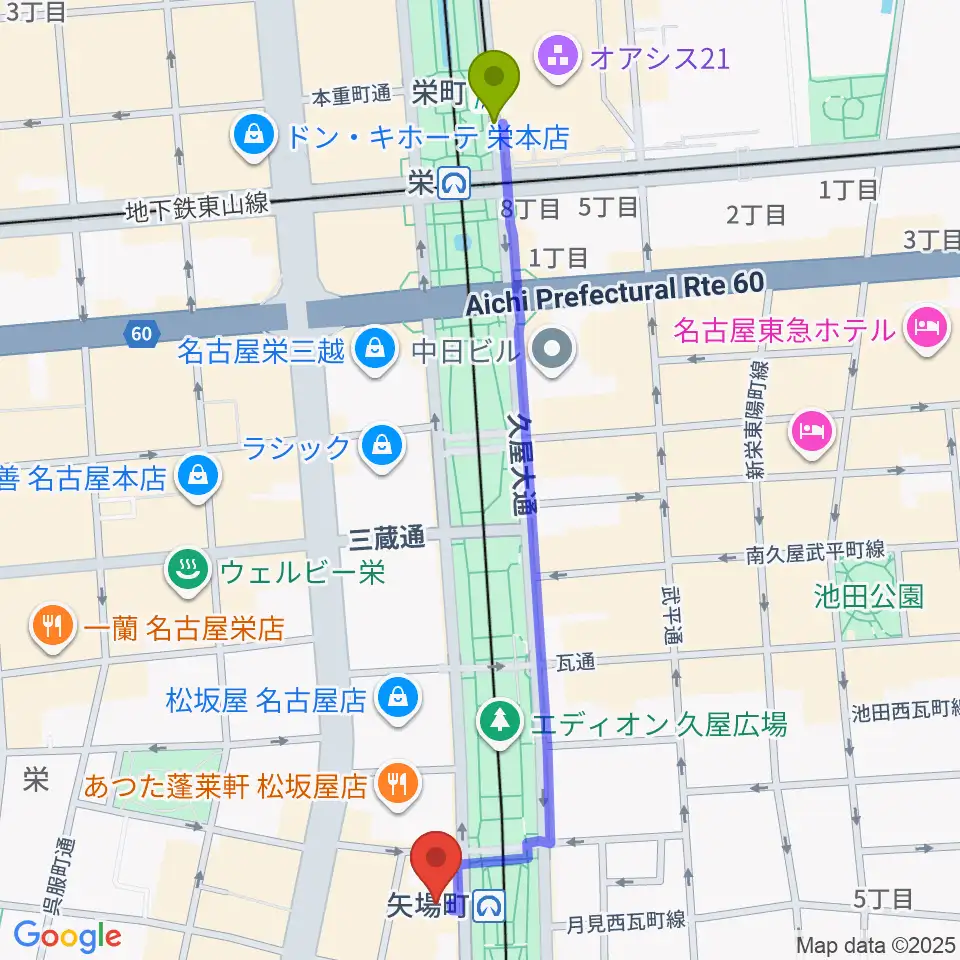 栄町駅から名古屋クラブクアトロへのルートマップ地図