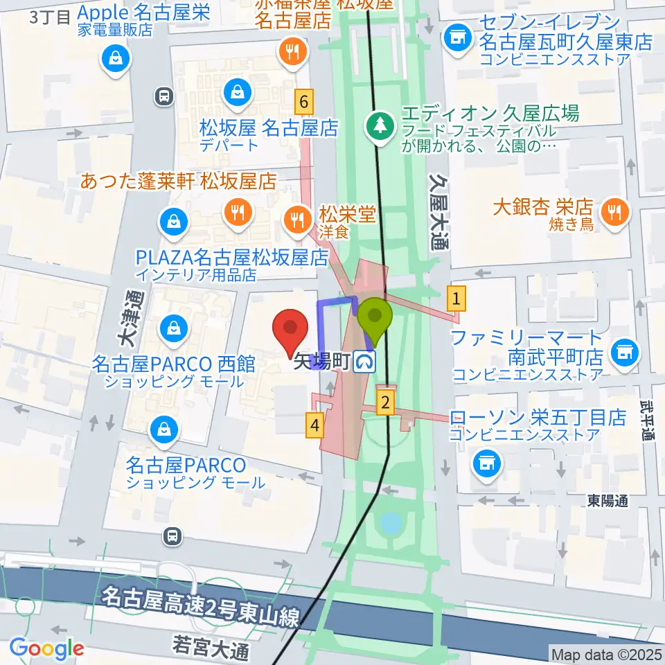 名古屋クラブクアトロの最寄駅矢場町駅からの徒歩ルート（約1分）地図