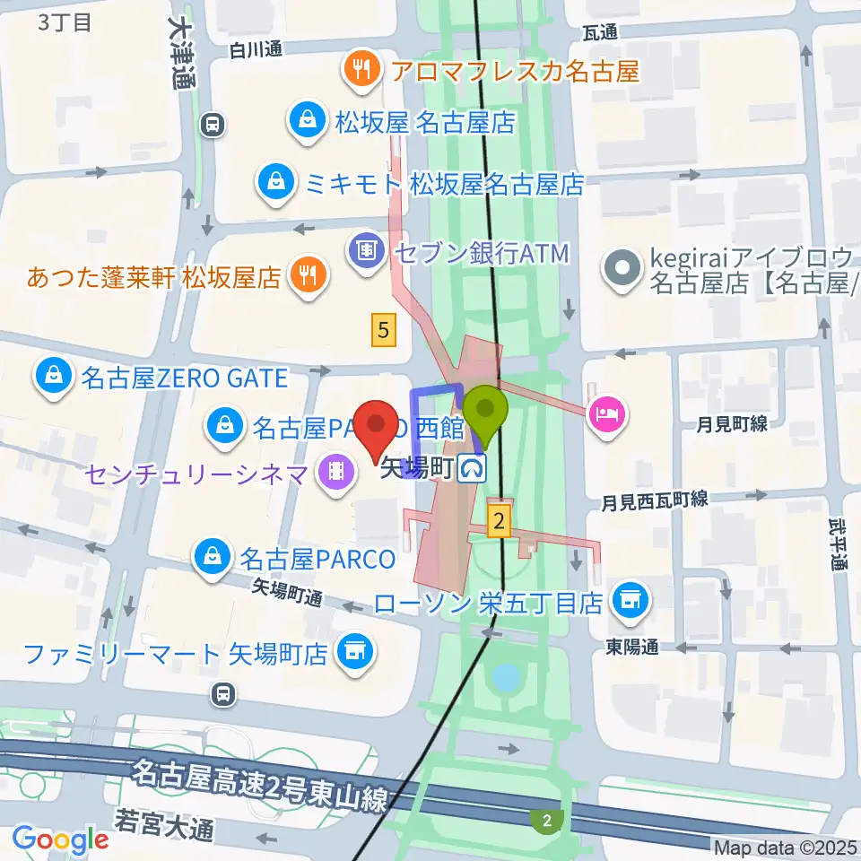 名古屋クラブクアトロの最寄駅矢場町駅からの徒歩ルート（約1分）地図