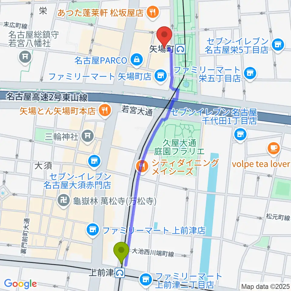 上前津駅から名古屋クラブクアトロへのルートマップ地図