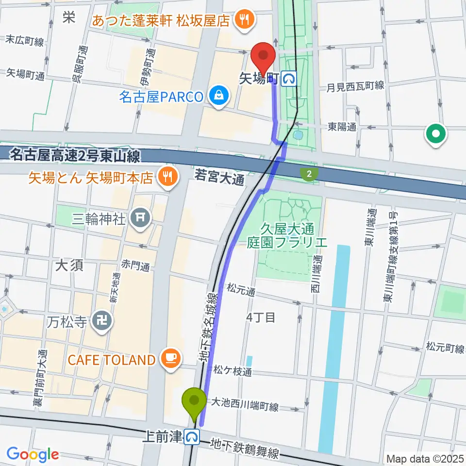 上前津駅から名古屋クラブクアトロへのルートマップ地図
