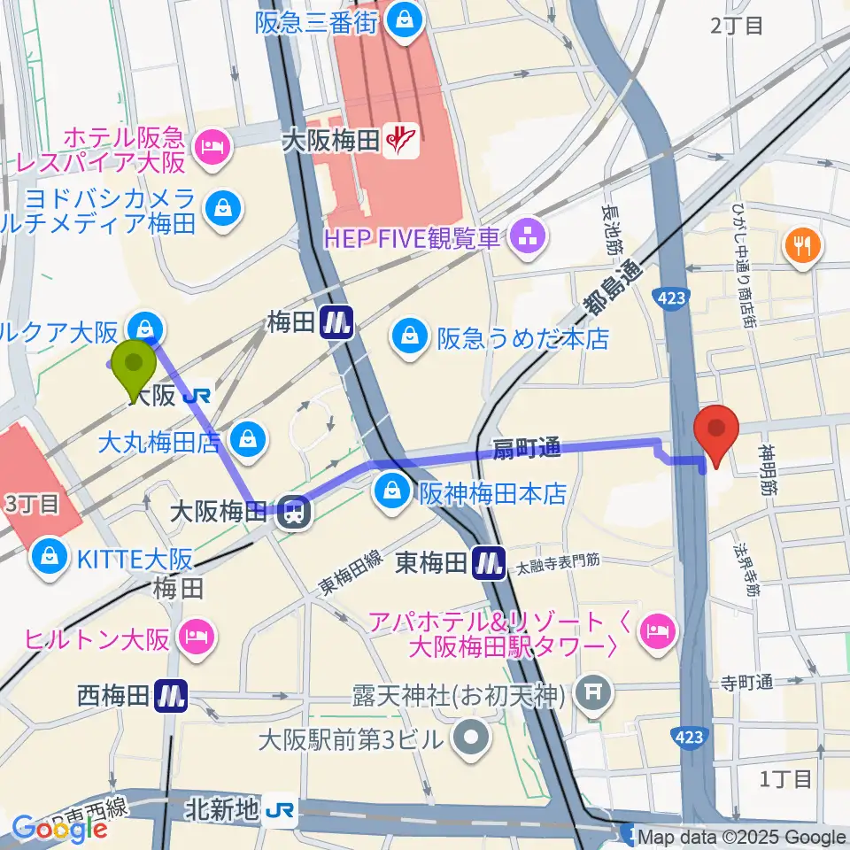 大阪駅から梅田クラブクアトロへのルートマップ地図