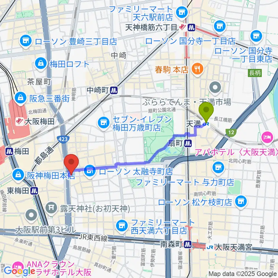 天満駅から梅田クラブクアトロへのルートマップ地図