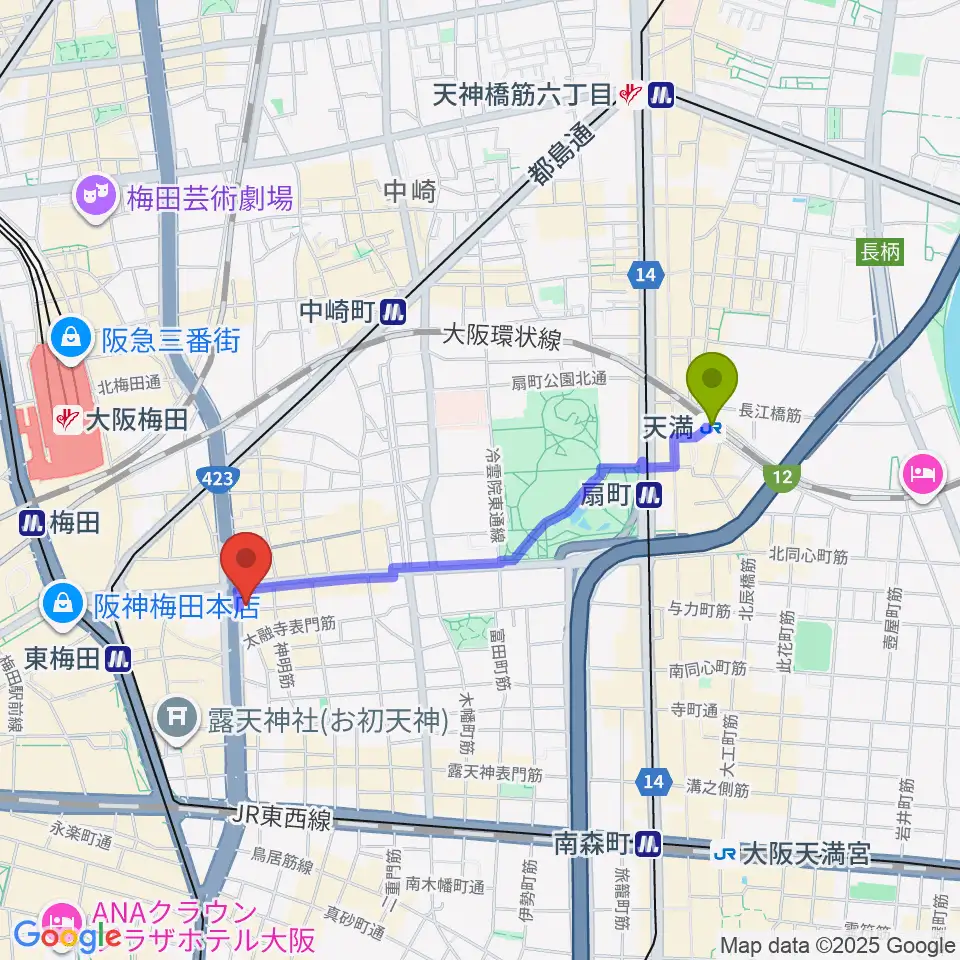 天満駅から梅田クラブクアトロへのルートマップ地図