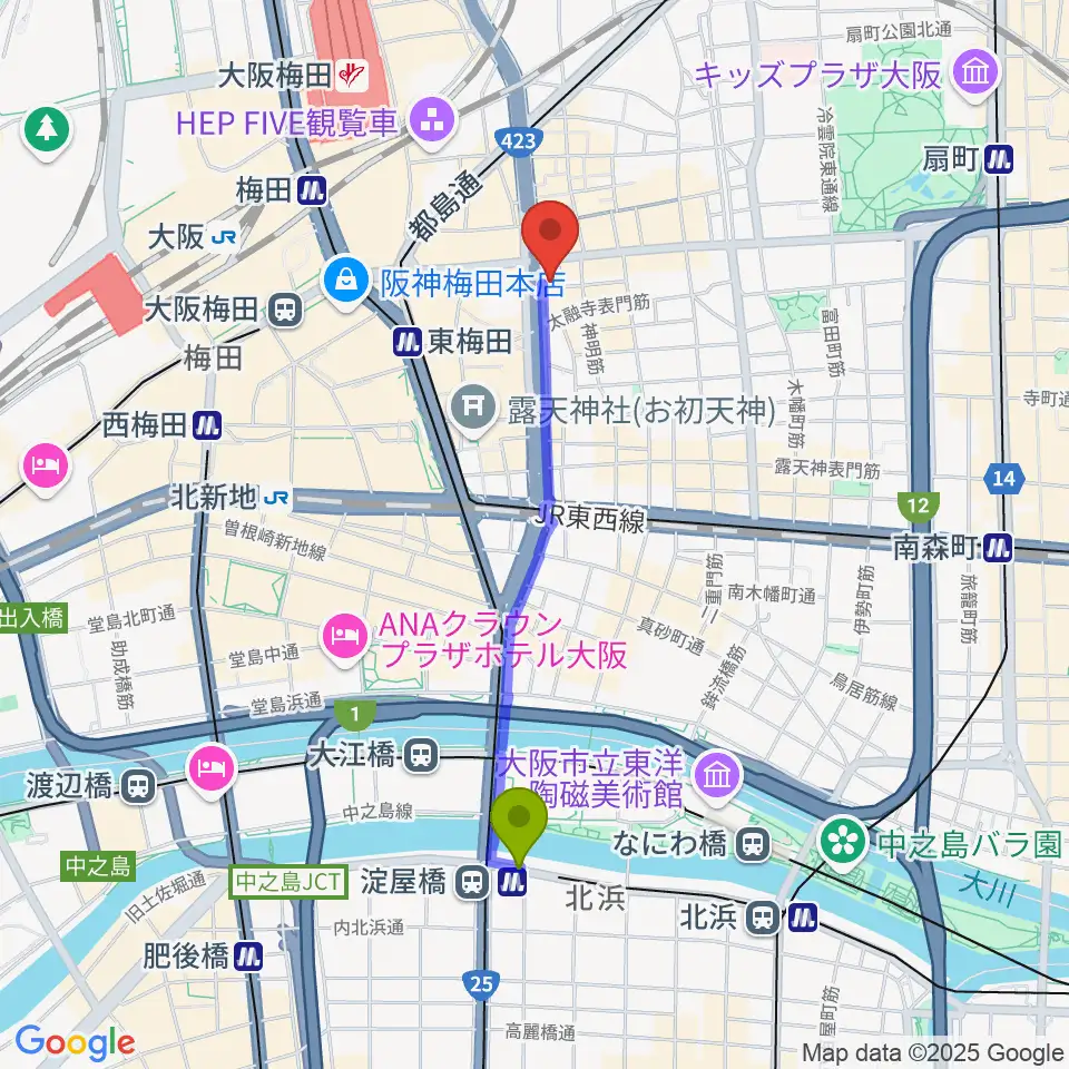 淀屋橋駅から梅田クラブクアトロへのルートマップ地図