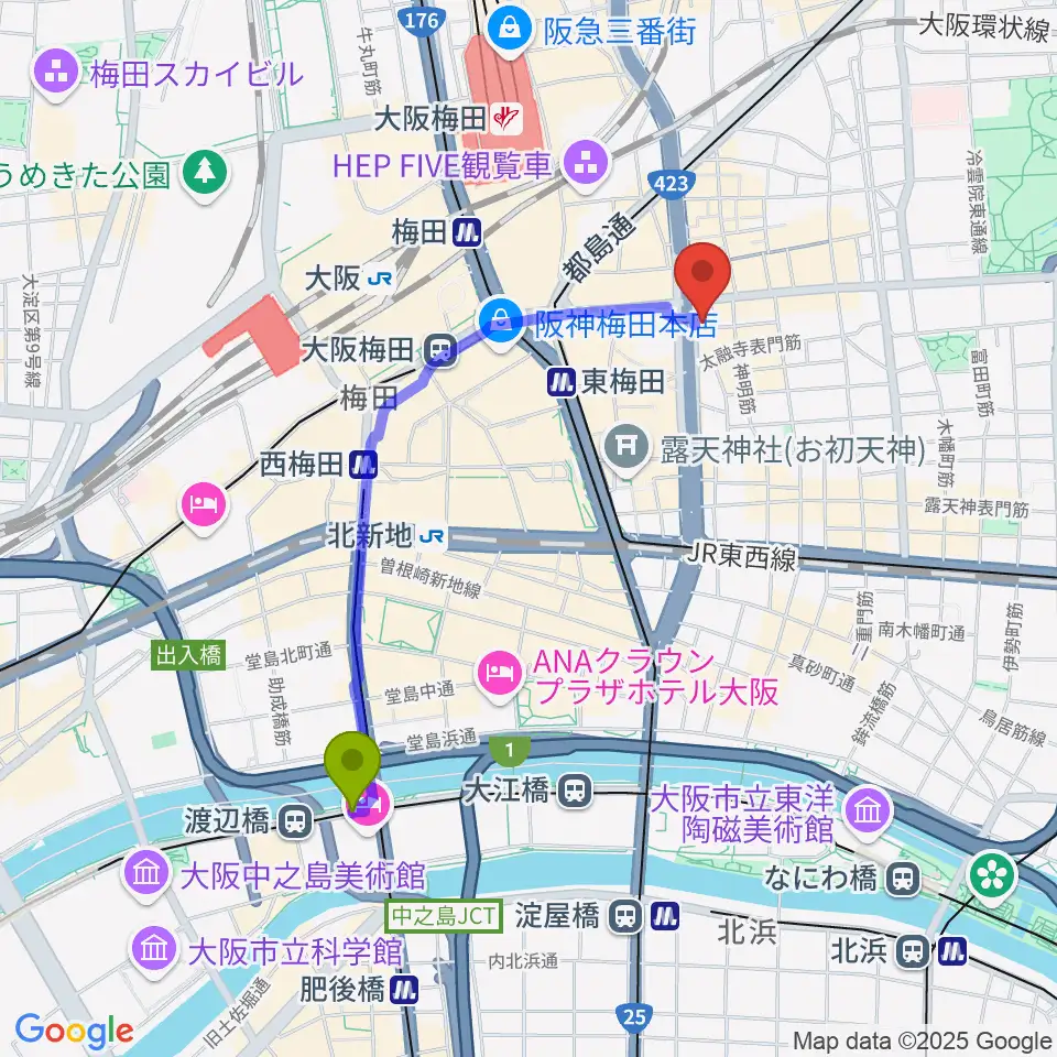 渡辺橋駅から梅田クラブクアトロへのルートマップ地図