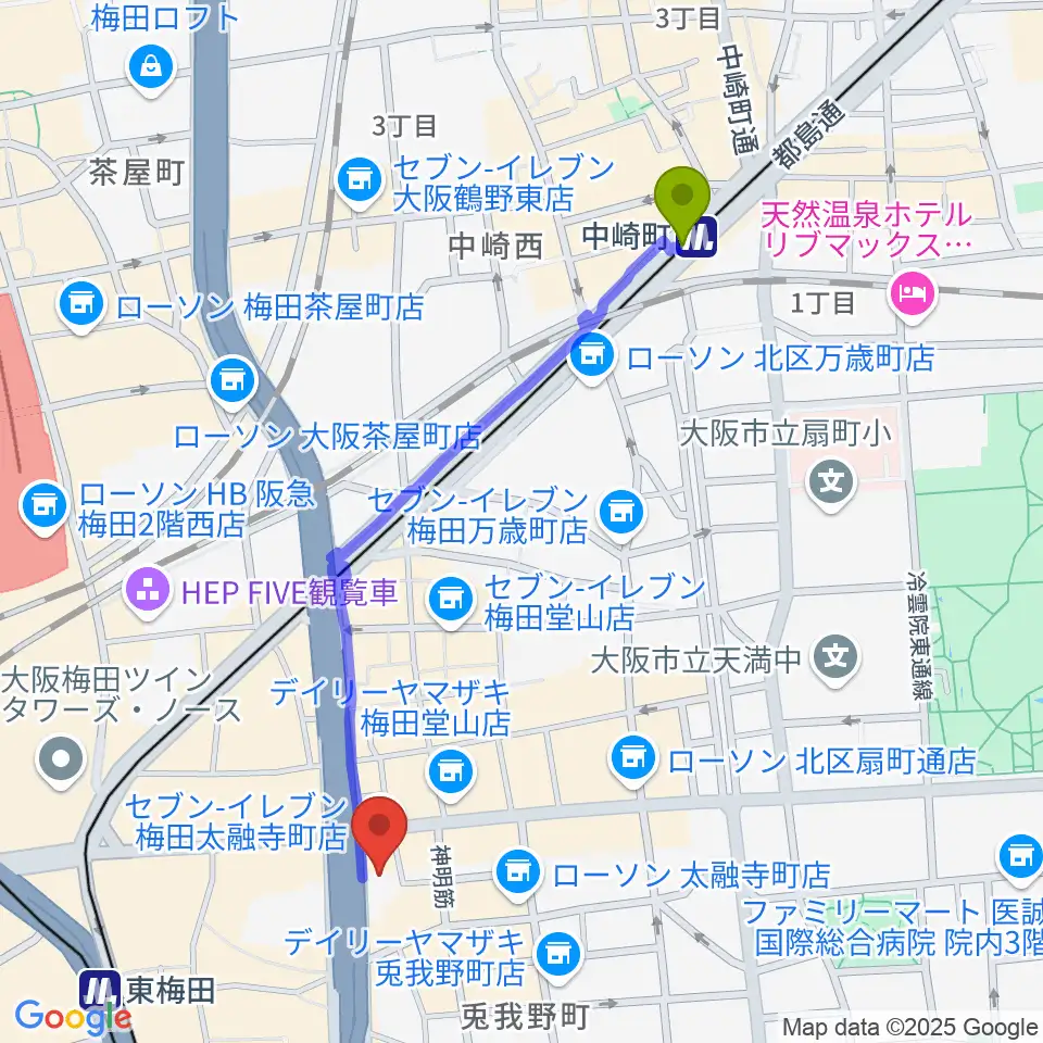 梅田クラブクアトロの最寄駅中崎町駅からの徒歩ルート（約11分）地図