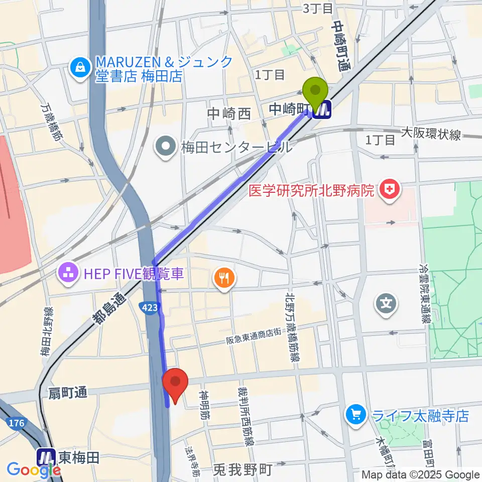 梅田クラブクアトロの最寄駅中崎町駅からの徒歩ルート（約11分）地図