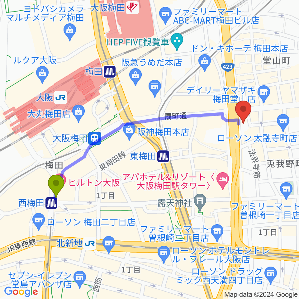 西梅田駅から梅田クラブクアトロへのルートマップ Mdata