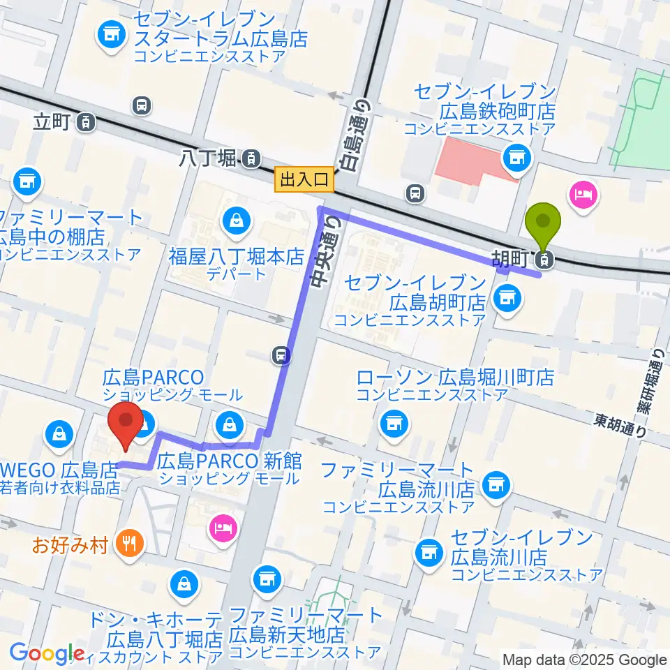 胡町駅から広島クラブクアトロへのルートマップ地図