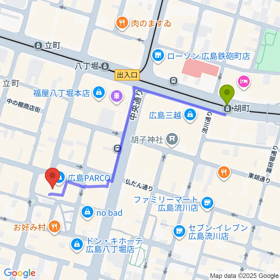 胡町駅から広島クラブクアトロへのルートマップ地図