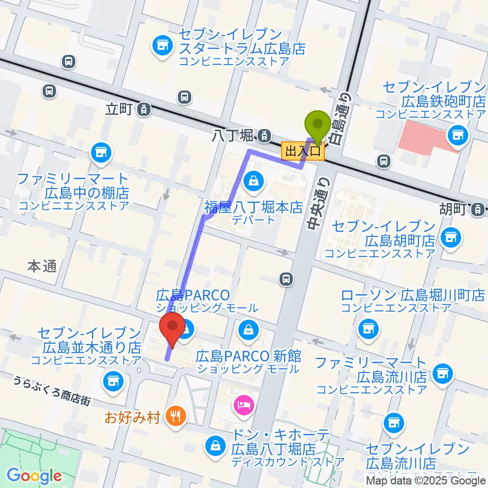 広島クラブクアトロの最寄駅八丁堀駅からの徒歩ルート（約4分）地図