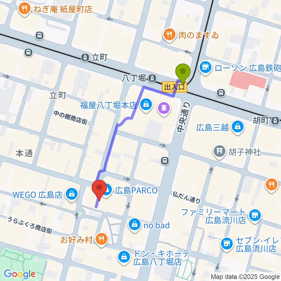 広島クラブクアトロの最寄駅八丁堀駅からの徒歩ルート（約4分）地図