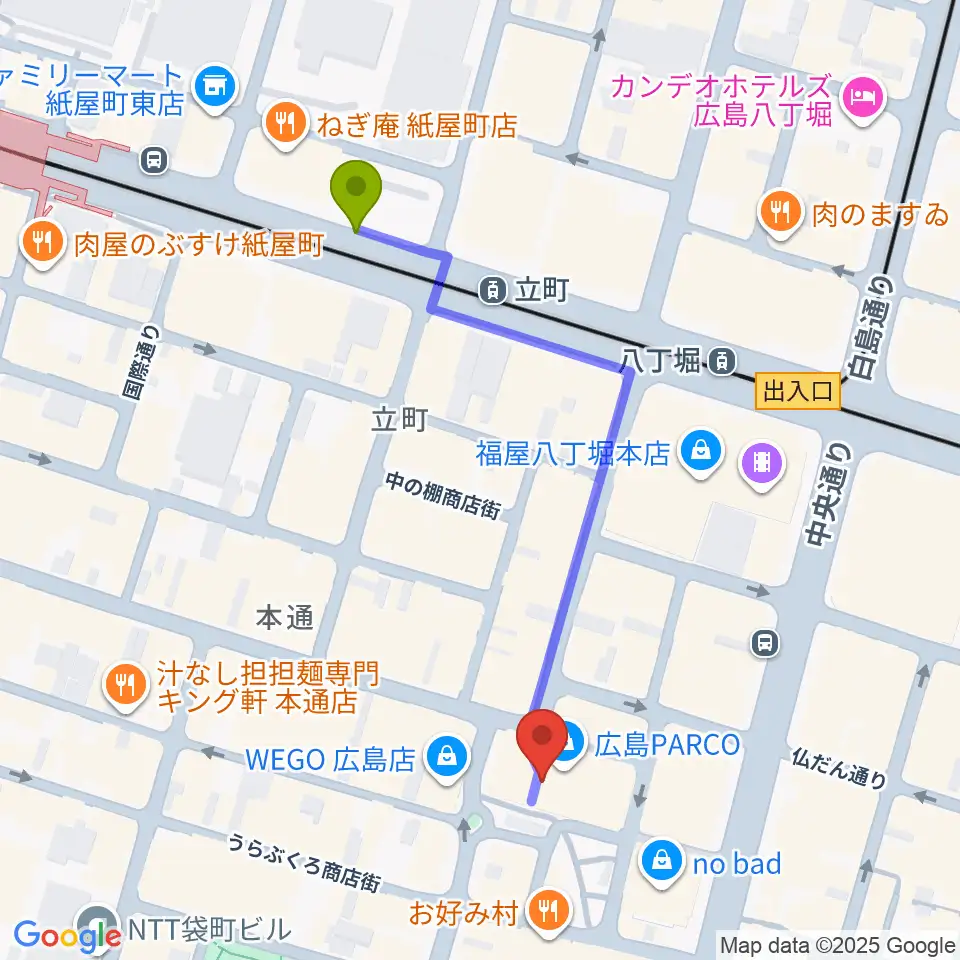 立町駅から広島クラブクアトロへのルートマップ地図