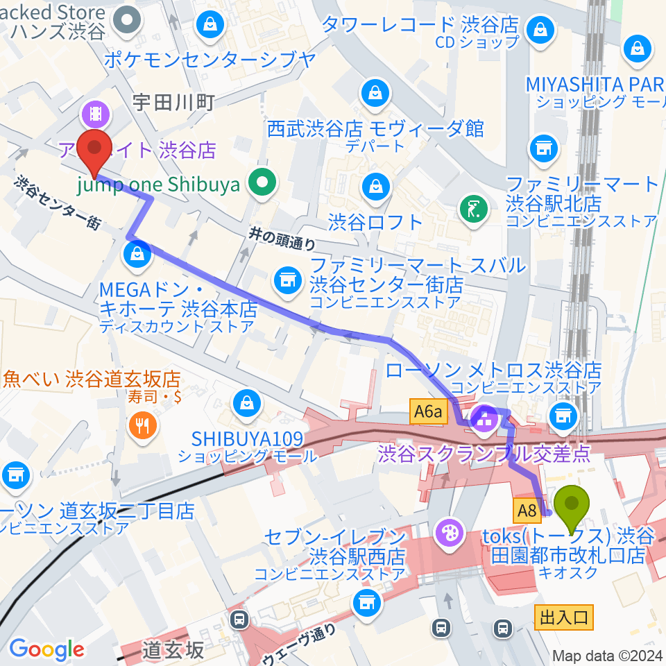 渋谷クラブクアトロの最寄駅渋谷駅からの徒歩ルート（約7分）地図