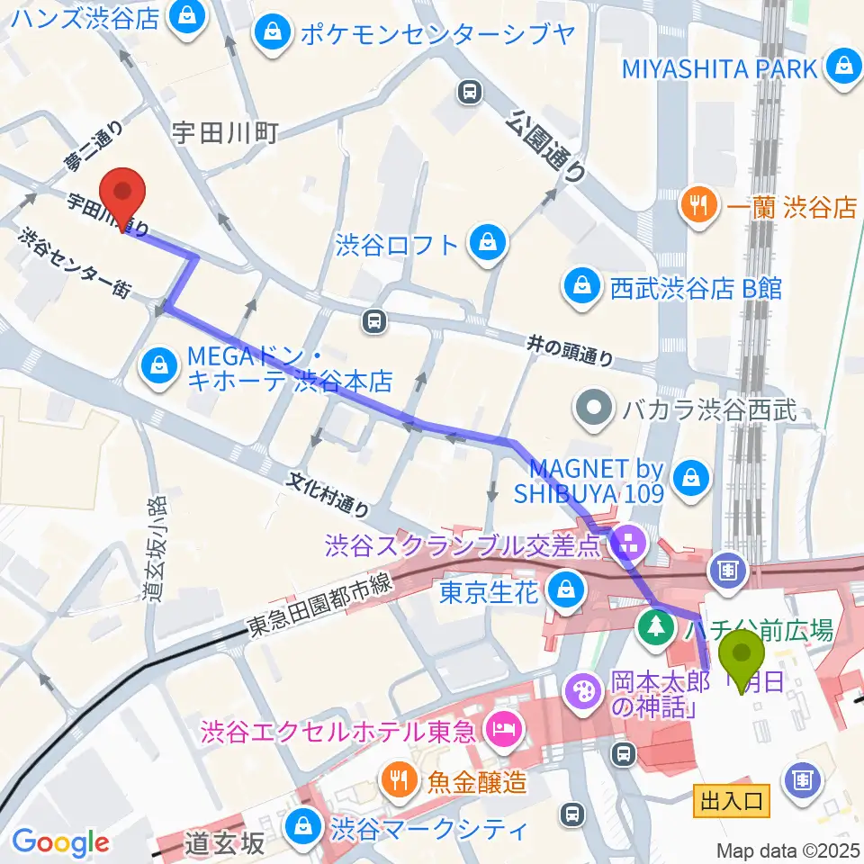 渋谷クラブクアトロの最寄駅渋谷駅からの徒歩ルート（約7分）地図