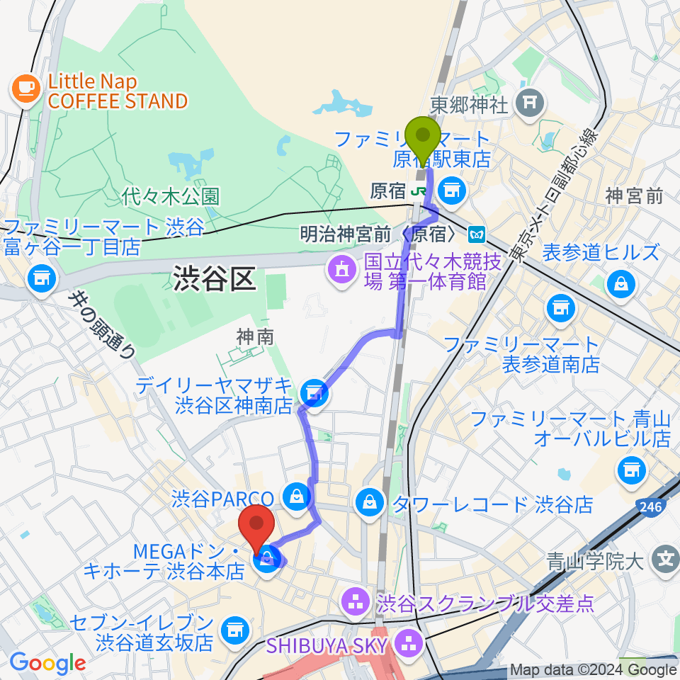 原宿駅から渋谷クラブクアトロへのルートマップ地図