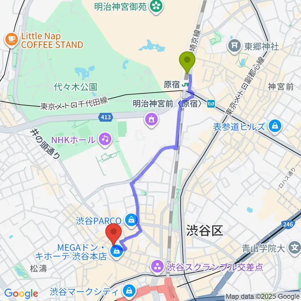 原宿駅から渋谷クラブクアトロへのルートマップ地図