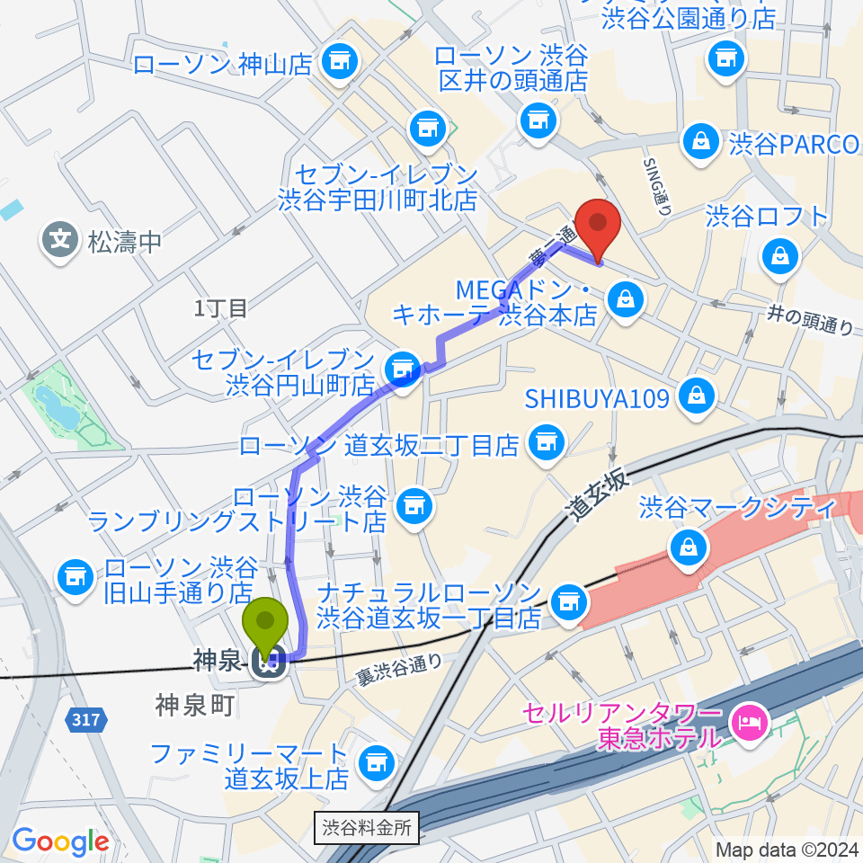 神泉駅から渋谷クラブクアトロへのルートマップ地図