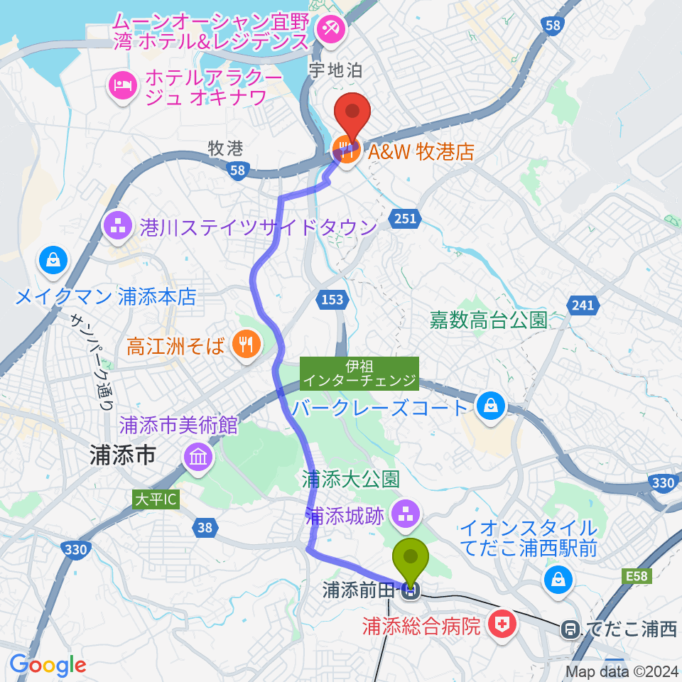 宜野湾スタジオ8528の最寄駅浦添前田駅からの徒歩ルート（約45分）地図