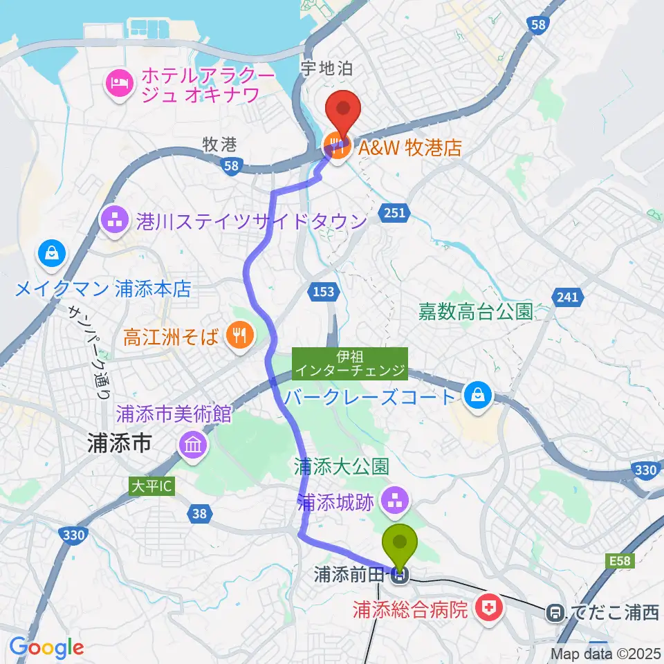 宜野湾スタジオ8528の最寄駅浦添前田駅からの徒歩ルート（約45分）地図