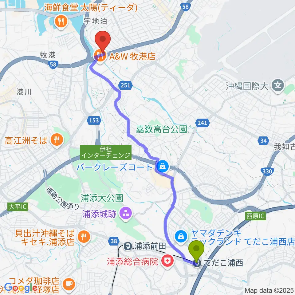 てだこ浦西駅から宜野湾スタジオ8528へのルートマップ地図