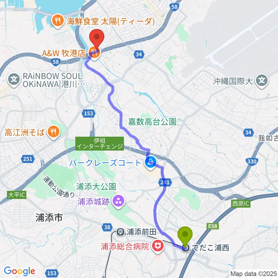 てだこ浦西駅から宜野湾スタジオ8528へのルートマップ地図