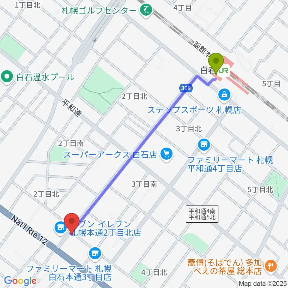 ピグスティーの最寄駅白石駅からの徒歩ルート（約10分）地図