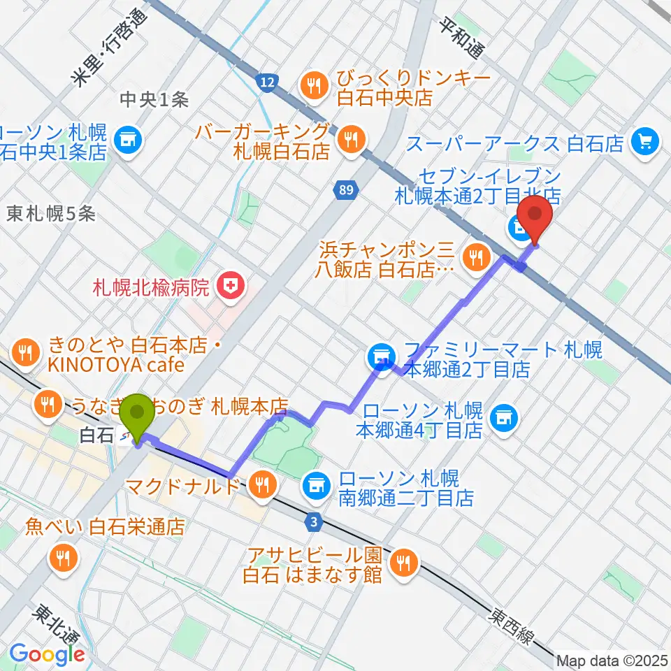 白石駅からピグスティーへのルートマップ地図