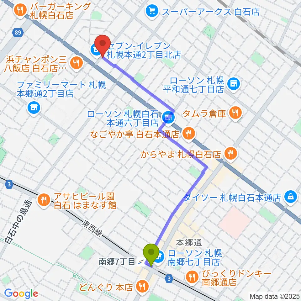 南郷７丁目駅からピグスティーへのルートマップ地図