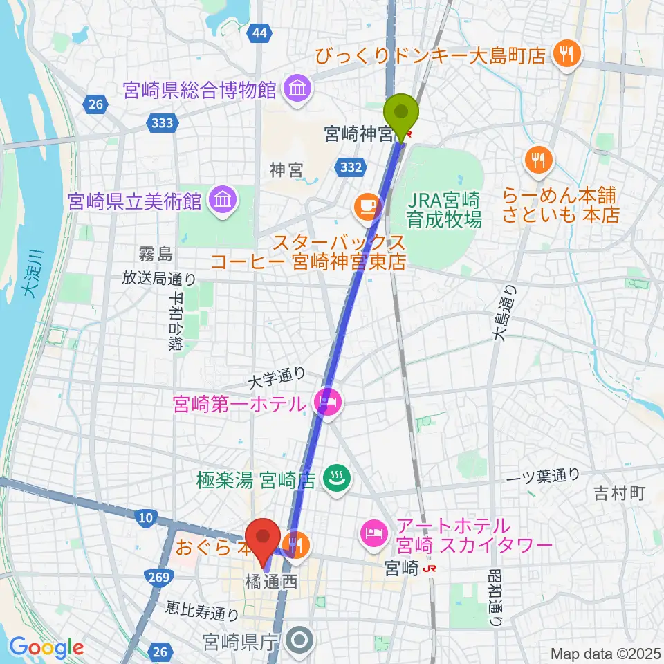 宮崎神宮駅から宮崎FLOORへのルートマップ地図