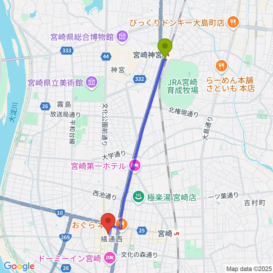 宮崎神宮駅から宮崎FLOORへのルートマップ地図
