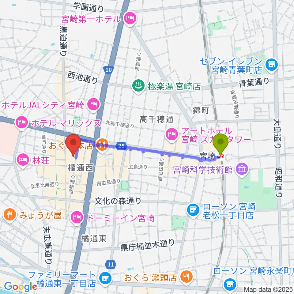 宮崎FLOORの最寄駅宮崎駅からの徒歩ルート（約16分）地図