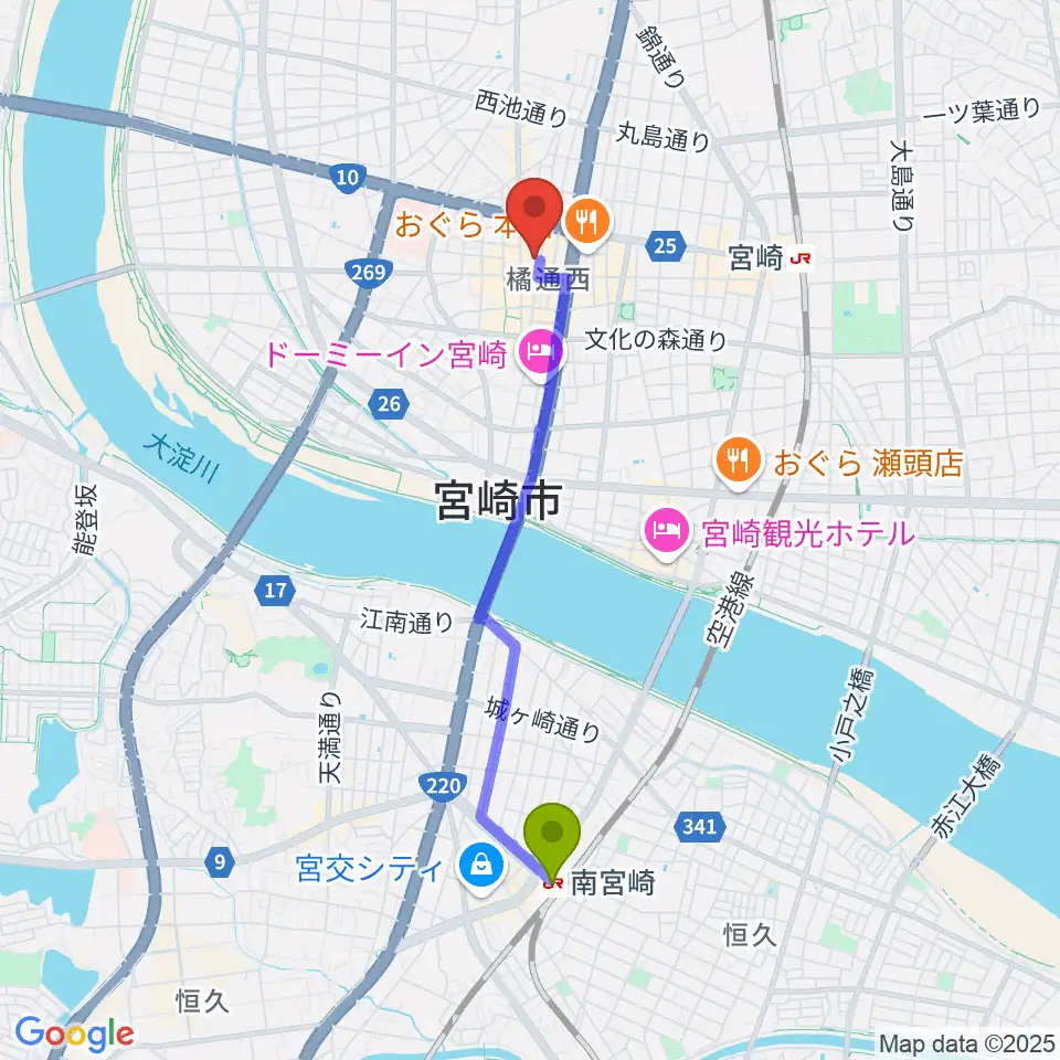 南宮崎駅から宮崎FLOORへのルートマップ地図