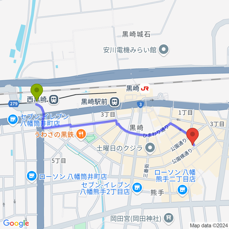 西黒崎駅から黒崎マーカスへのルートマップ地図