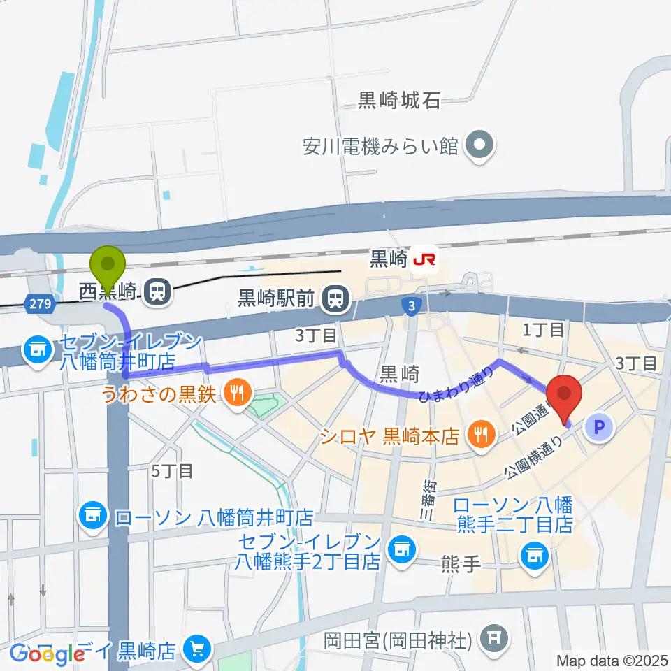 西黒崎駅から黒崎マーカスへのルートマップ地図