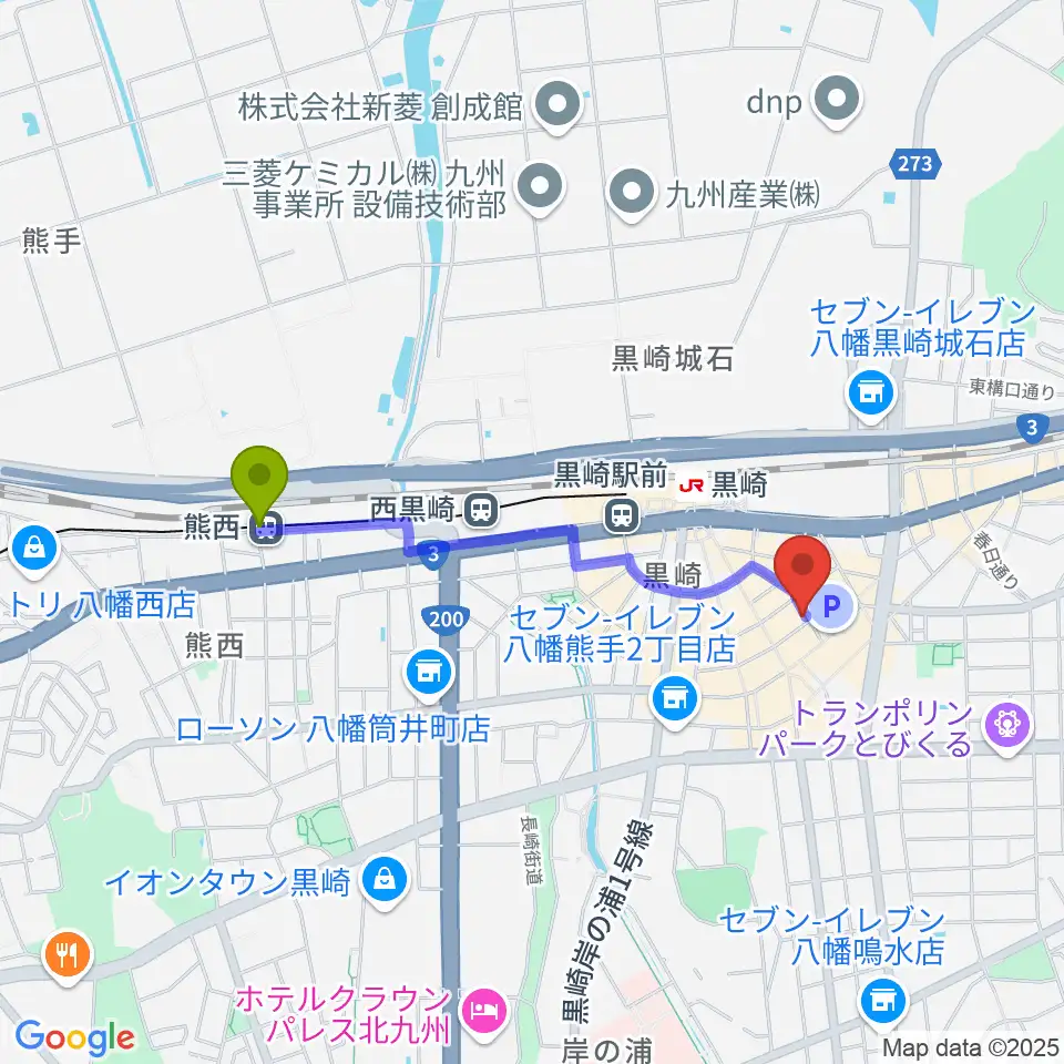 熊西駅から黒崎マーカスへのルートマップ地図