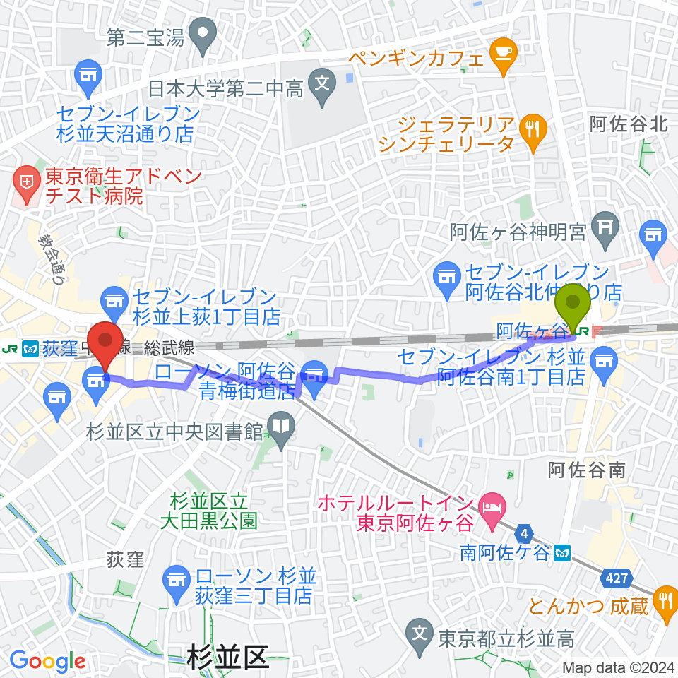 阿佐ケ谷駅からStudio Revivalへのルートマップ地図