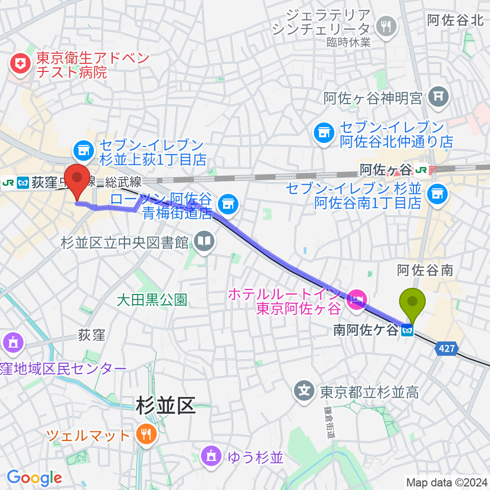 南阿佐ケ谷駅からStudio Revivalへのルートマップ地図