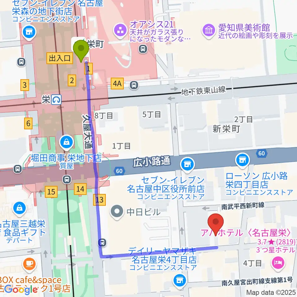 栄R.A.Dの最寄駅栄町駅からの徒歩ルート（約6分）地図